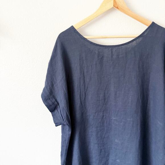 TERZO MILLENNIO | 100% Italian Linen Navy Blue Blouse Cap Sleeve Tunic | Size 1X - Picture 2 of 7